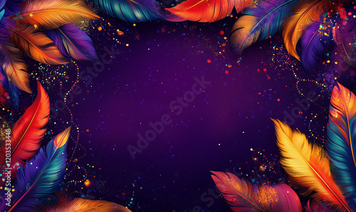 Carnival masks, feathers and colorful shiny beads on purple background with copy space, top view - festive frame with Mardi Gras border.