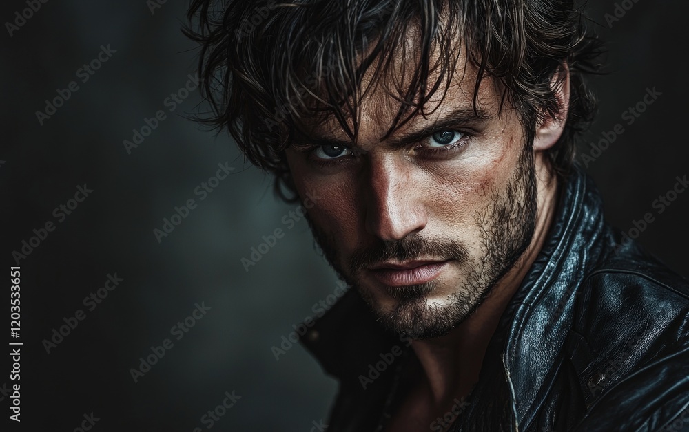 A rugged man with tousled hair and intense eyes, wearing a leather jacket, against a moody dark gradient background A rugged man with tousled hair and intense eyes, wearing a leather jacket, against a moody dark gradient background
