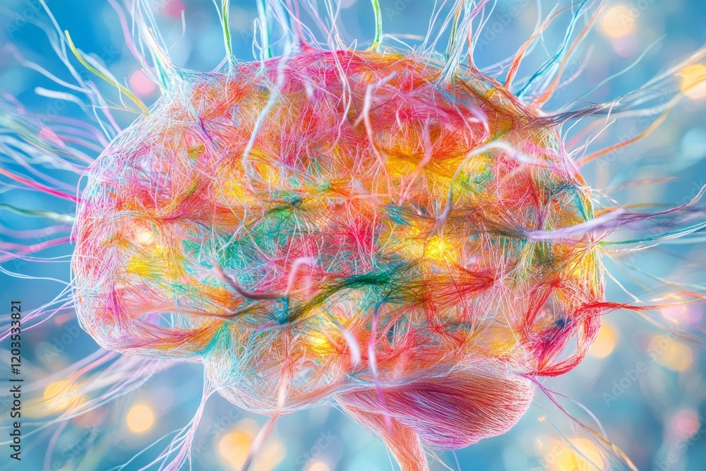 Intricate neuronal network glowing with vibrant colors, representing brain connectivity, cognitive processes, and neural communication