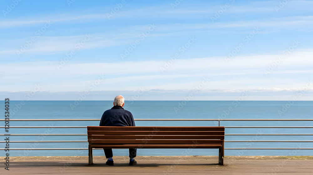 Elderly man sits on bench overlooking calm ocean, peaceful coastal scene, perfect for relaxation or contemplation Elderly man sits on bench overlooking calm ocean, peaceful coastal scene, perfect for relaxation or contemplation