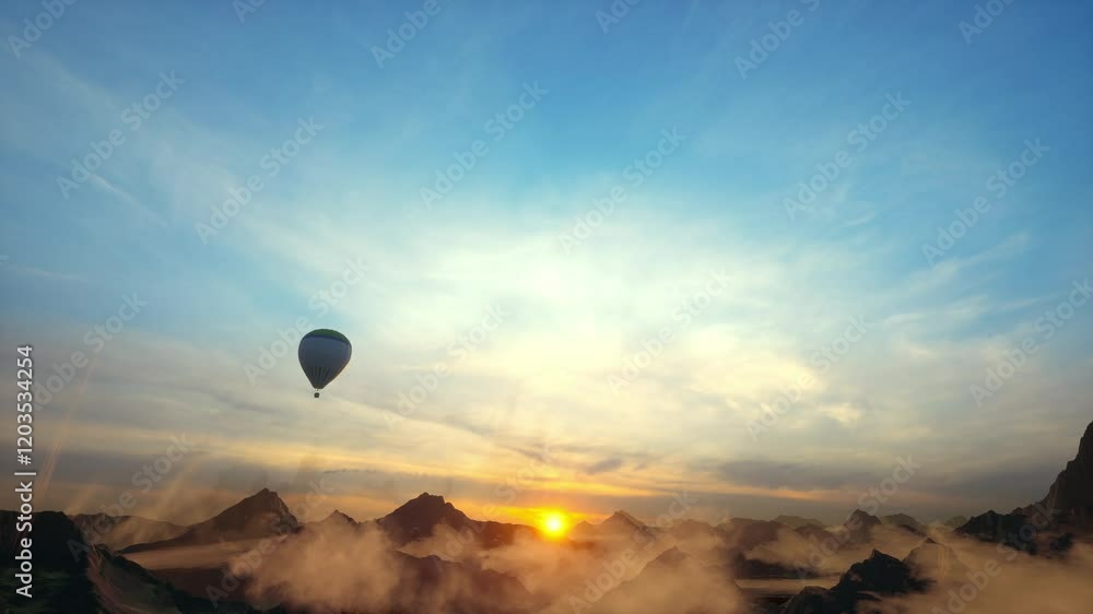 Beautiful Inspirational Landscape With Hot Air Balloon Flying In The Sky, Travel Destination Beautiful Inspirational Landscape With Hot Air Balloon Flying In The Sky, Travel Destination