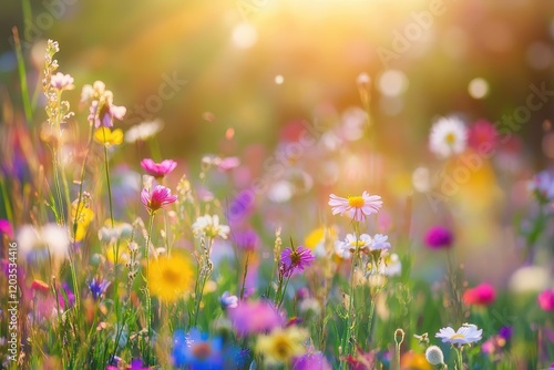 Vibrant wildflower meadow illuminated by soft sunlight during a tranquil afternoon in early summer. Generative AI