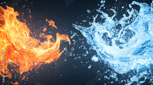 Fiery flames and icy water clashing; abstract concept of opposing forces; dark background; ideal for duality, conflict, or balance themes