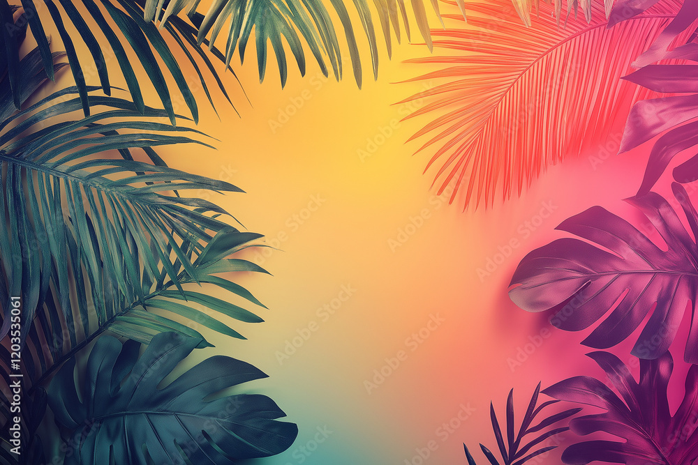 Naklejka premium Colorful tropical palm and monstera leaves arranged on a gradient background, creating a vibrant summer frame