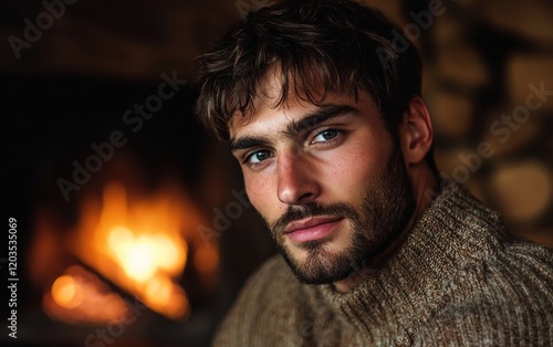 A ruggedly handsome man with a short beard and deep-set eyes, wearing a warm sweater, against a cozy fireplace-lit background photo