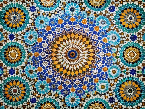 Aerial View of Moroccan Zellige Mosaic Patterns: Indigo, Saffron, Mint, Kohl Geometric Design Background Footage photo