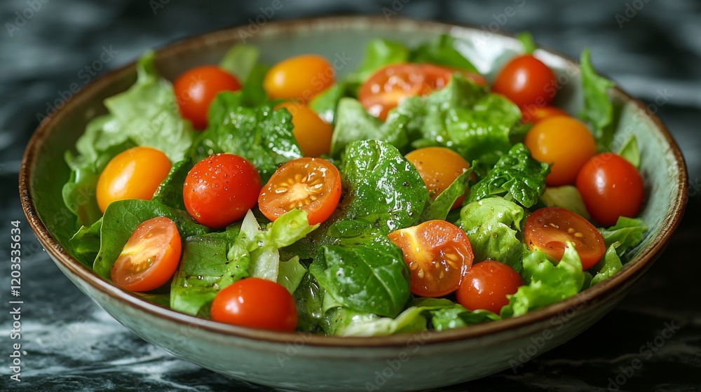 Fresh and colorful salad with mixed cherry tomatoes and green leafy vegetables on a ceramic bowl Fresh and colorful salad with mixed cherry tomatoes and green leafy vegetables on a ceramic bowl