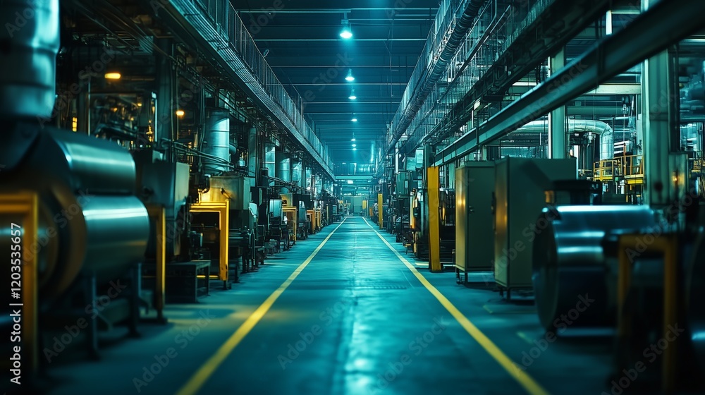 Industrial factory interior showcasing metal processes and machinery in modern facility Industrial factory interior showcasing metal processes and machinery in modern facility