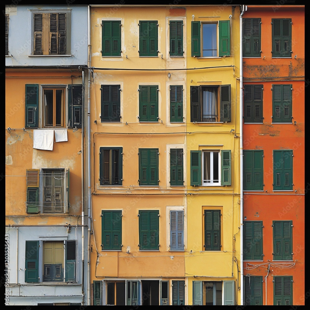 Obraz premium Vibrant Colorful Mediterranean Building Facade with Green Shutters