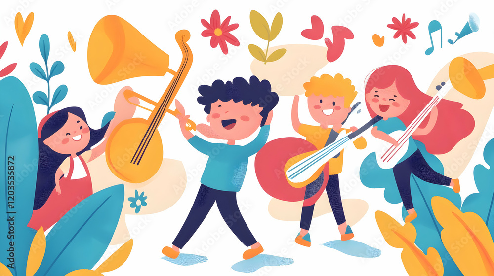Happy kids band playing music outdoors, floral background, joyful summer concert, ideal for children's music education Happy kids band playing music outdoors, floral background, joyful summer concert, ideal for children's music education