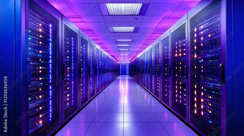 Fototapeta premium 6. A server farm in a dimly lit room with rows of servers flashing in synchronization, conveying speed and dependability