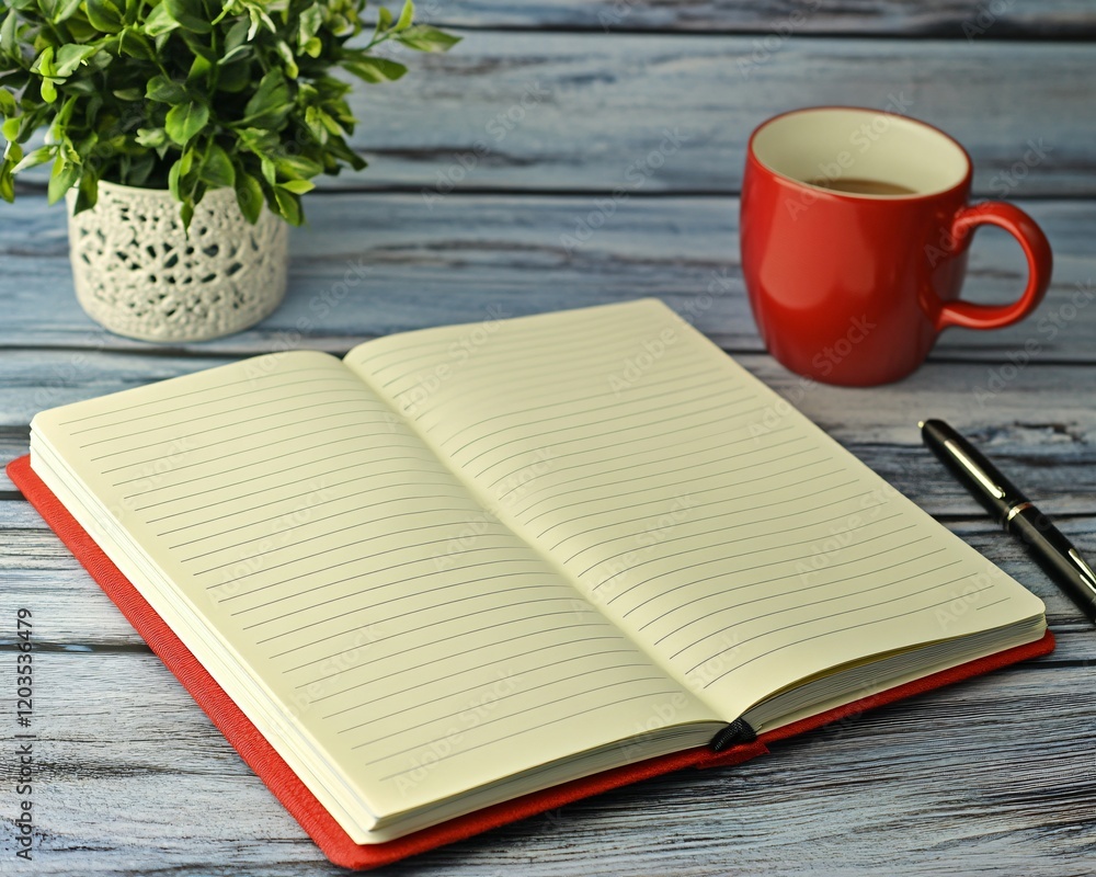 Open Red Notebook Blank Pages Coffee Pen Plant Open Red Notebook Blank Pages Coffee Pen Plant