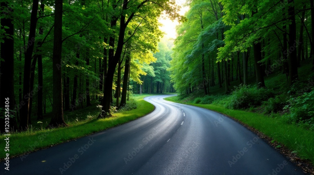 Winding Asphalt Road Through Lush Green Forest Canopy at Dawn Winding Asphalt Road Through Lush Green Forest Canopy at Dawn