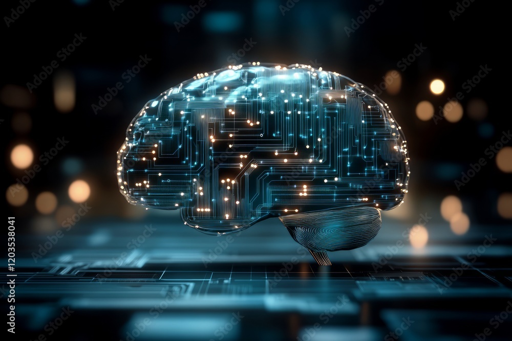 Complex circuits and nodes forming a brain like structure symbolize artificial intelligence's growing presence in a vast, blurred technological landscape