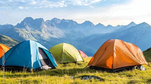 Mountain camping adventure Colorful tents pitched on grassy alpine meadow, majestic mountain range backdrop. Ideal for travel brochures photo