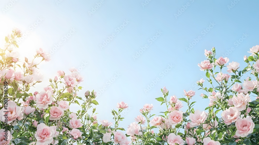Pink roses bloom brightly against a clear blue sky Pink roses bloom brightly against a clear blue sky
