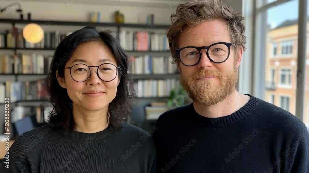 Portrait of a Young Asian Woman and Caucasian Man Smiling Together in a Bright Modern Library Setting Reflecting Cultural Diversity and Friendship Portrait of a Young Asian Woman and Caucasian Man Smiling Together in a Bright Modern Library Setting Reflecting Cultural Diversity and Friendship