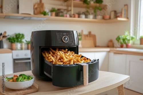Black air fryer preparing crispy french fries on wooden surface, vegetables nearby, highlighting modern kitchen cooking technology and healthy meal preparation