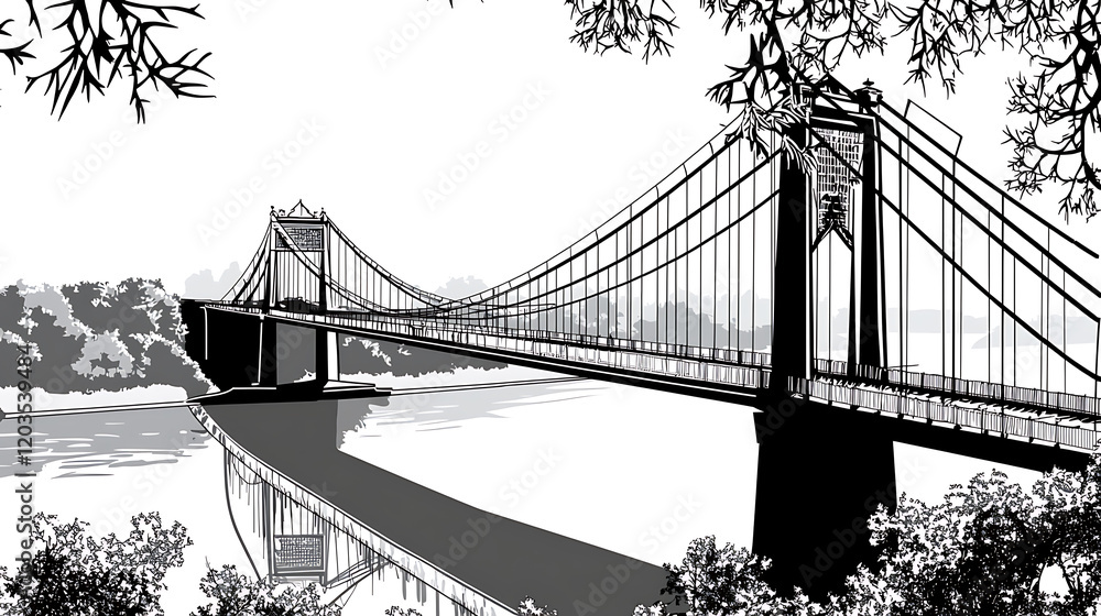 Fototapeta premium A bridge spans a river, with trees in the background. generated using AI