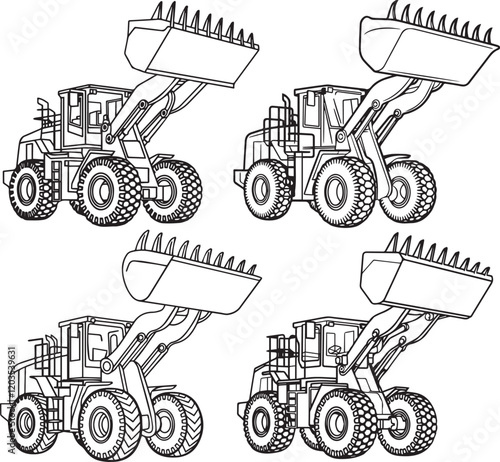 line drawing of a loader with large wheels and a wide shovel that is raised upward.