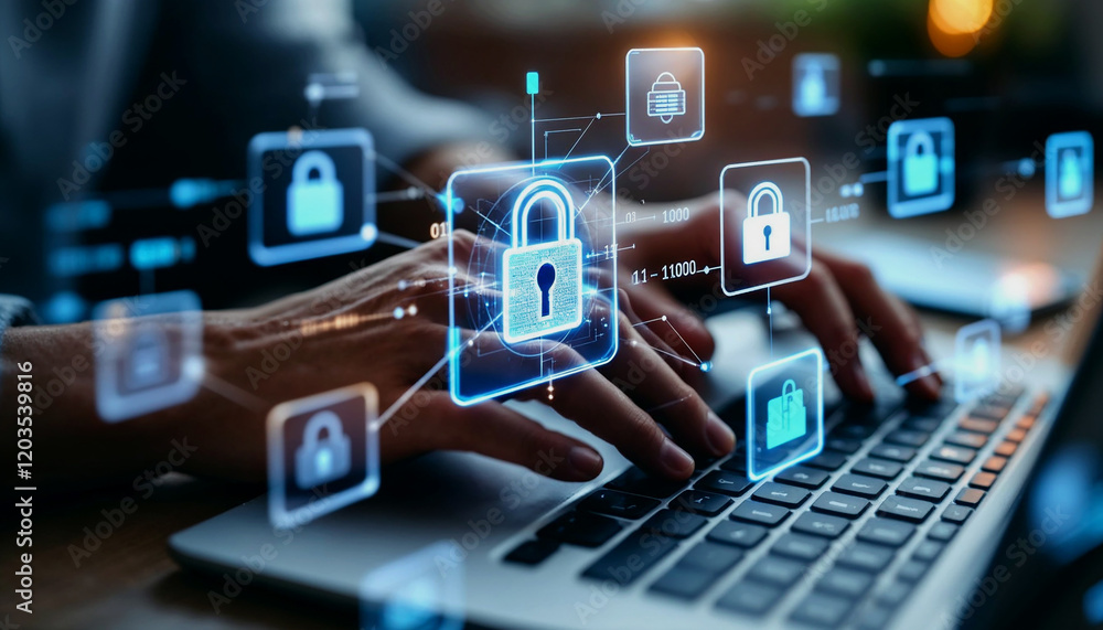 Hands Typing on Laptop with Social Media Icons Overlay Hands Typing on Laptop with Social Media Icons Overlay