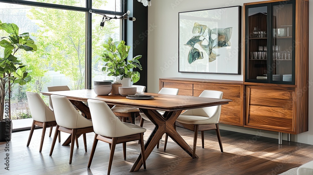 A modern dining room with a wooden family table and contemporary chairs. A modern dining room with a wooden family table and contemporary chairs.