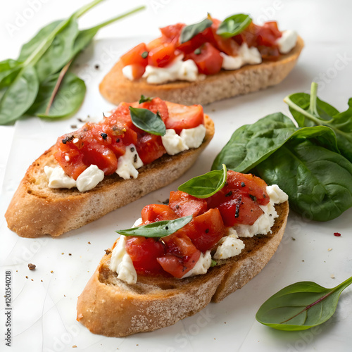 Rustic Crusty Bruschetta with Fresh Concasse Tomatoes, Perfect for Summer Appetizers and             photo