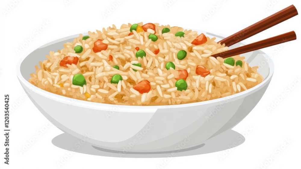 A bowl of fried rice with vegetables and chopsticks, set against a simple white background A bowl of fried rice with vegetables and chopsticks, set against a simple white background