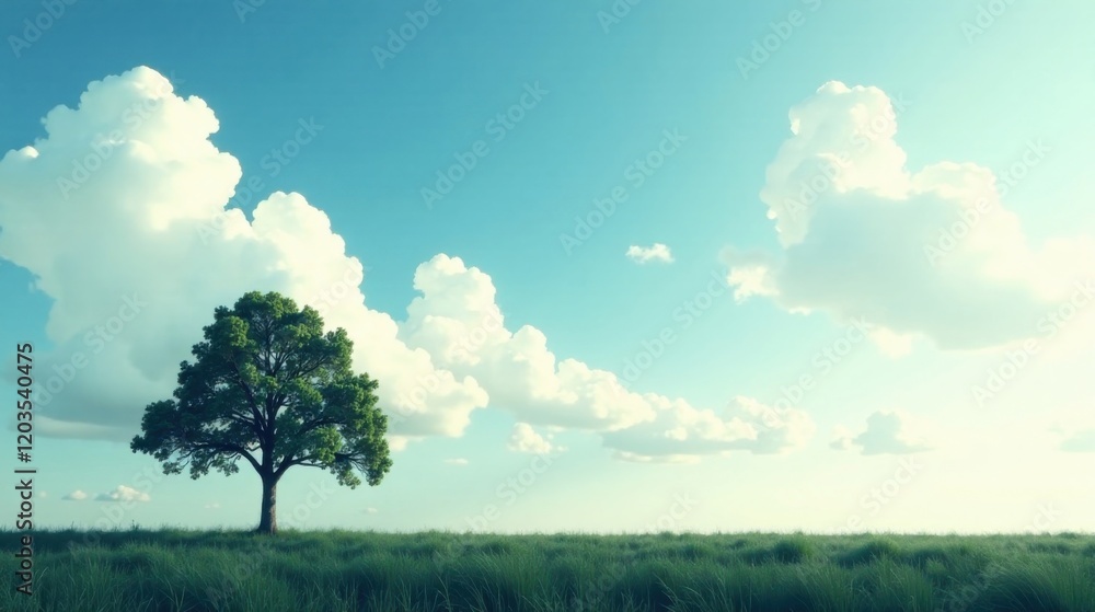 Fototapeta premium Serene Landscape A Single Tree Stands Tall in a Verdant Meadow Under a Sky Adorned with Fluffy White Clouds