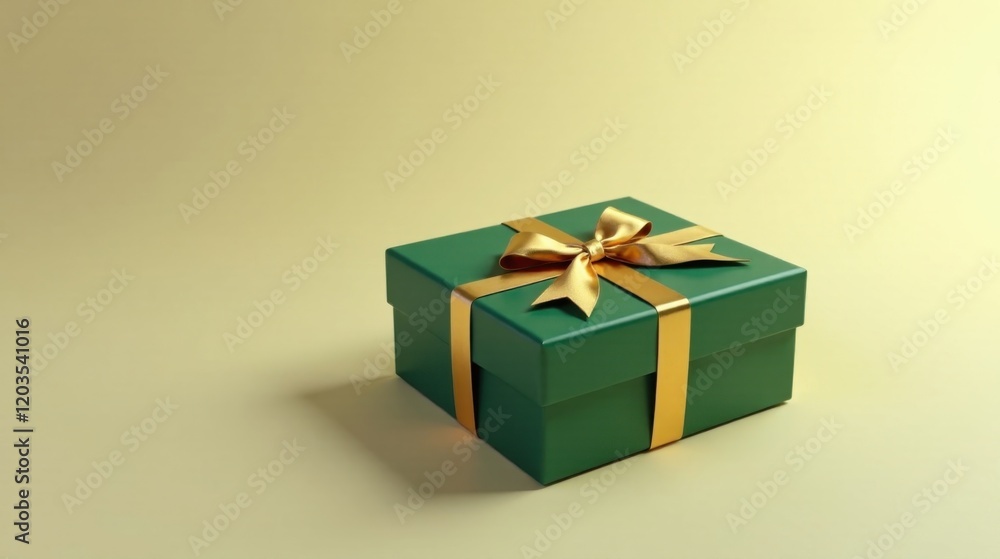 A luxuriously wrapped emerald green present box with a golden ribbon bow, resting elegantly on a pale yellow surface. A luxuriously wrapped emerald green present box with a golden ribbon bow, resting elegantly on a pale yellow surface.