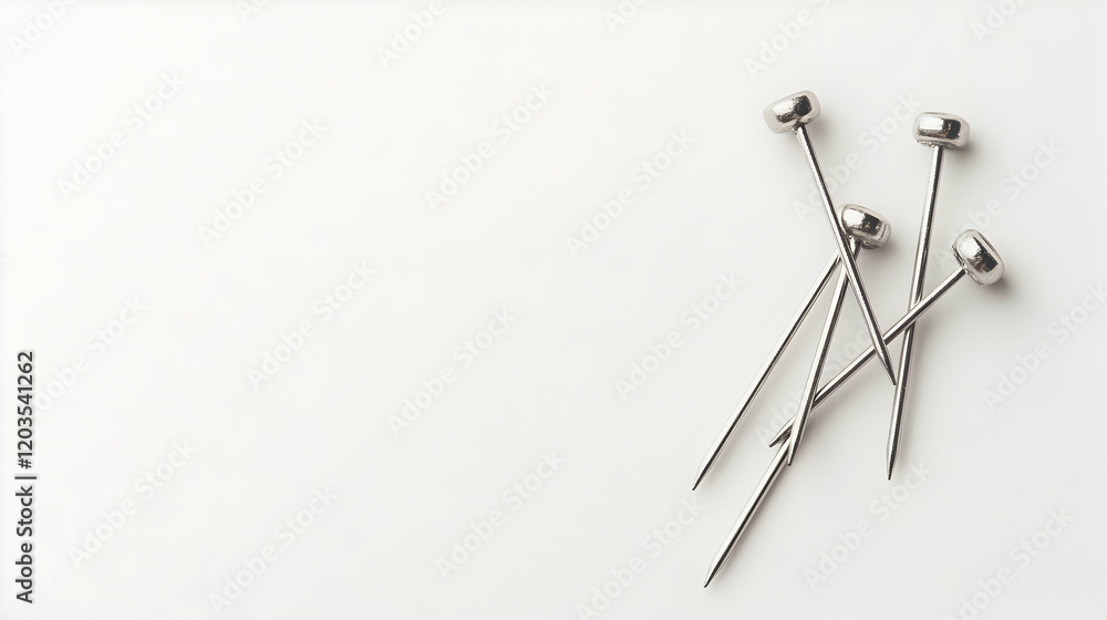 Silver pins scattered on white background, ideal for craft or office supplies Silver pins scattered on white background, ideal for craft or office supplies