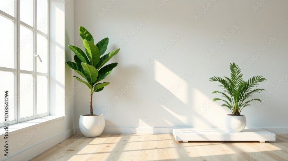 Bright Sunlight Illuminates Minimalist Interior Featuring Two Lush Potted Plants on Light Wood Floor Bright Sunlight Illuminates Minimalist Interior Featuring Two Lush Potted Plants on Light Wood Floor