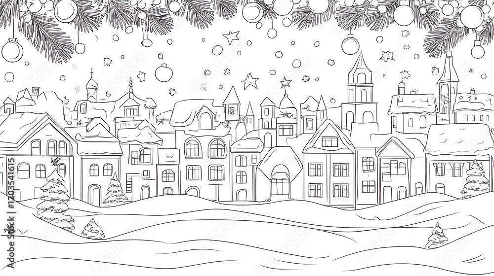 Obraz premium Snowy Christmas town illustration, winter holiday scene, festive background for cards