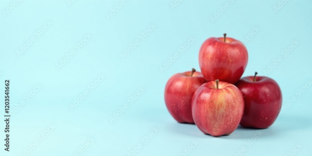 A vibrant pyramid of four red apples arranged against a light blue backdrop, showcasing their ripe and glossy texture A vibrant pyramid of four red apples arranged against a light blue backdrop, showcasing their ripe and glossy texture