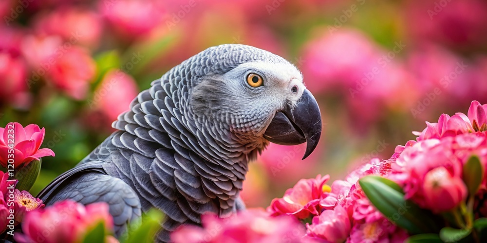 Obraz premium African Grey Parrot in Pink Flowers - Candid Wildlife Photography