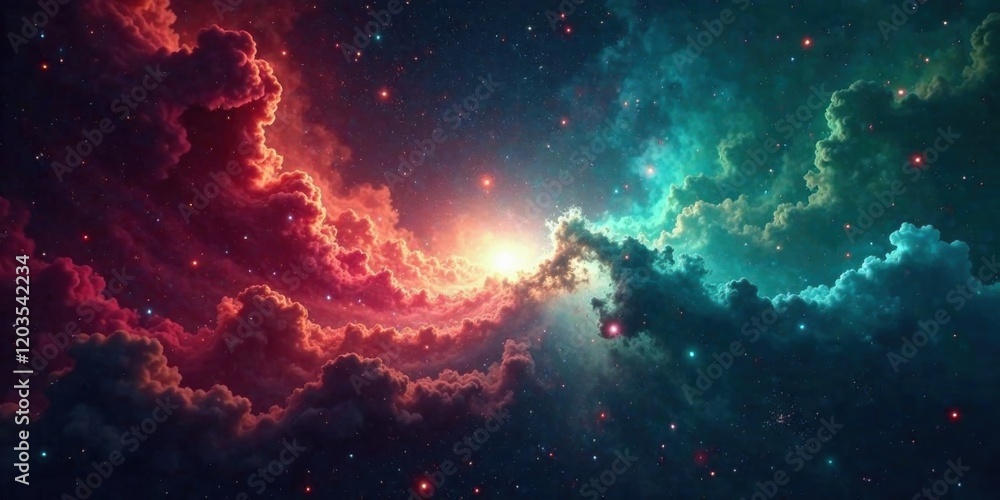 Fototapeta premium Celestial Cloudscape A Vivid Tapestry of Crimson and Teal Nebulae Illuminated by a Radiant Star
