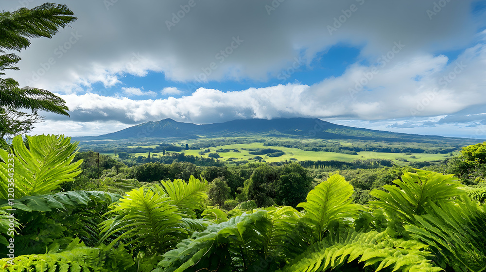 Tropical mountain vista, lush valley, cloudy sky, scenic view, perfect for travel brochures Tropical mountain vista, lush valley, cloudy sky, scenic view, perfect for travel brochures