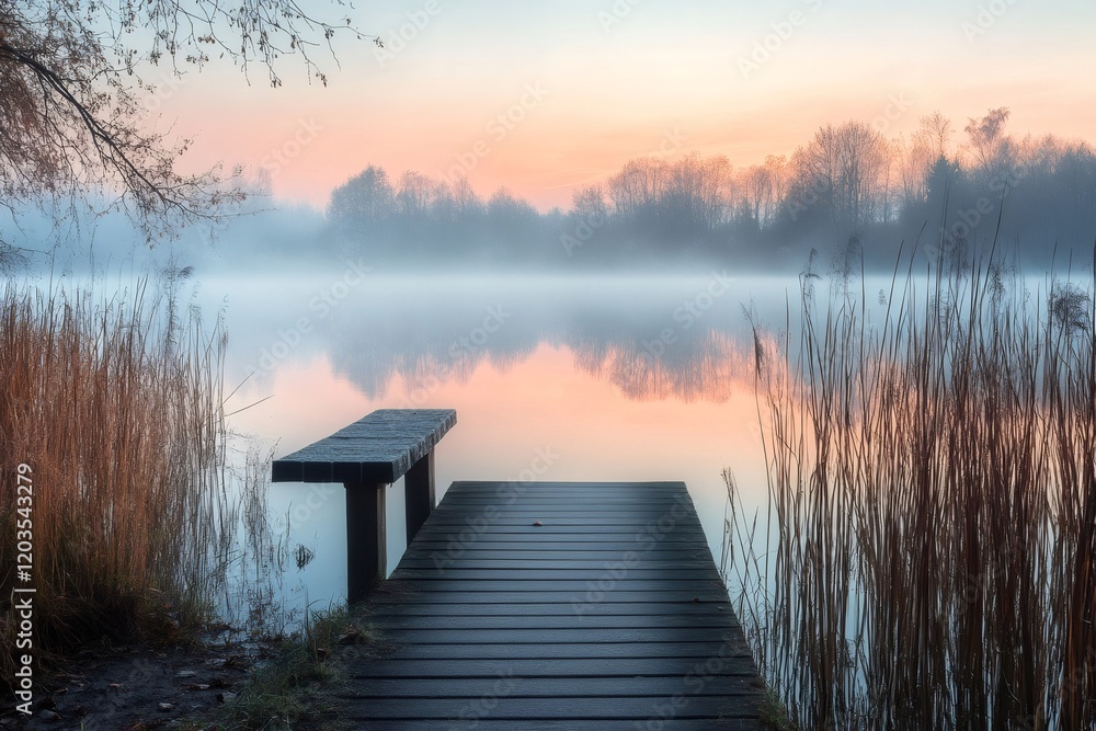 Fototapeta premium Wooden pier stretching into misty lake at dawn with colorful sky