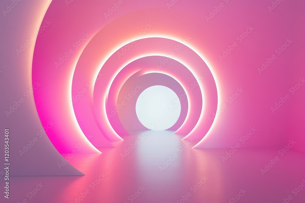 Fototapeta premium Soft pink curves invite exploration in a glowing tunnel of light and color. Generative AI