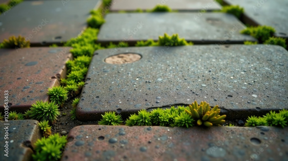 Resilient Greenery Thriving Between Stone Path Tiles A Close-Up View of Nature's Persistence