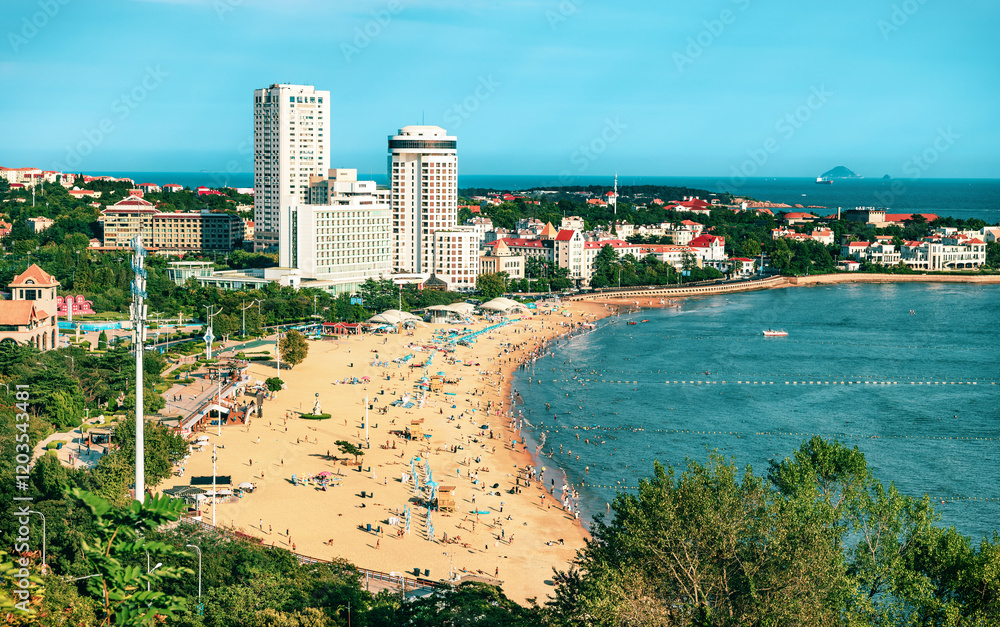 Fototapeta premium The view of the beach and coastline of Qingdao, China in summer