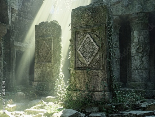 Ancient alchemical symbols engraved on stone pillars, illuminated by sunlight streaming through the ruins of a crumbling temple, with vines and moss covering the base photo