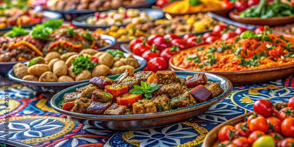 Fototapeta premium Albanian Food on Colorful Tirana Stones: Delicious Street Food Photography