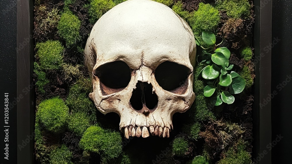 Human skull surrounded by green moss Human skull surrounded by green moss
