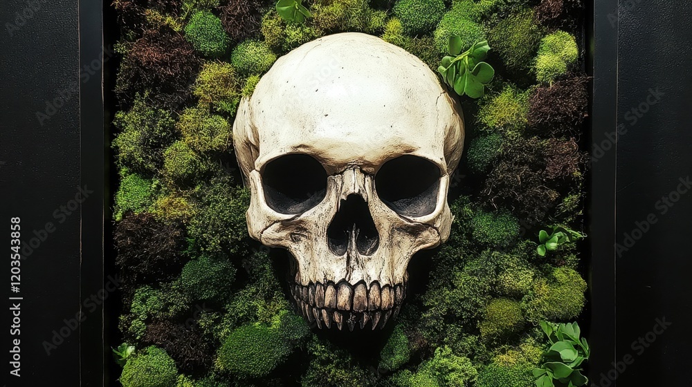 Human skull surrounded by green moss Human skull surrounded by green moss