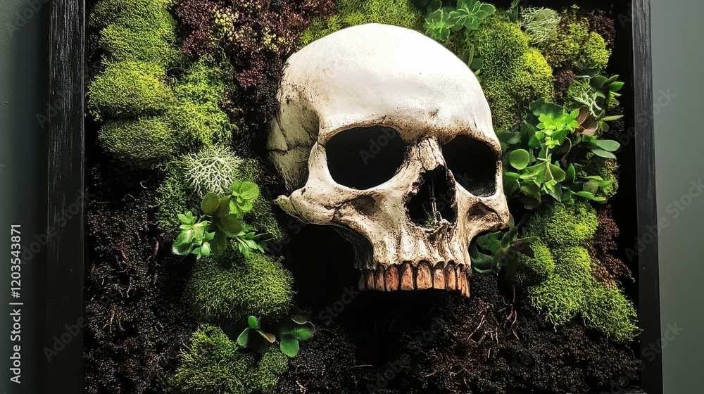 Human skull surrounded by green moss Human skull surrounded by green moss