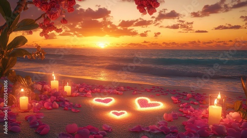 Serene beach at twilight with illuminated hearts on the sand, surrounded by pink rose petals, candles, and the oceana??s gentle waves under a sky of orange and pink hues. photo