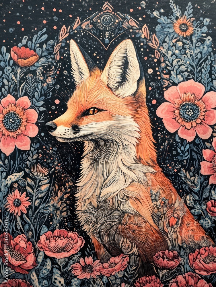 Fototapeta premium Mystical Fox Portrait with Floral Ornamentation against a Dark Textured Backdrop