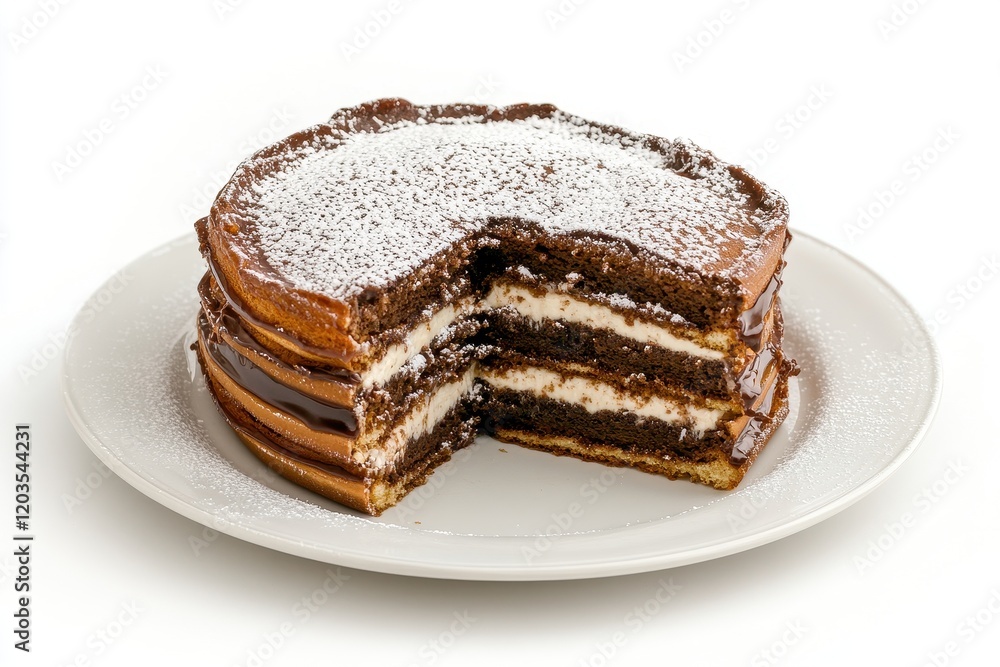 Delicious multi-layered chocolate cake with creamy filling and powdered sugar on top, perfect for dessert lovers seeking indulgent treats for celebrations or daily enjoyment. Delicious multi-layered chocolate cake with creamy filling and powdered sugar on top, perfect for dessert lovers seeking indulgent treats for celebrations or daily enjoyment.