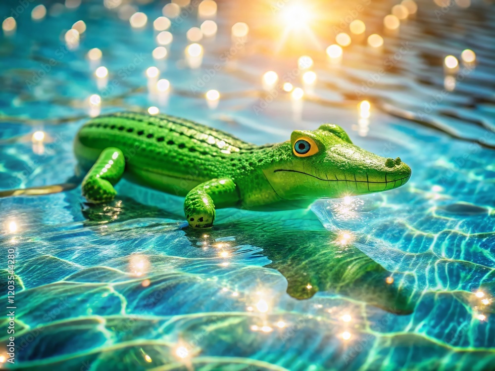 Fototapeta premium Alligator Float in Pool, Relaxing Summer Fun, Bokeh Background